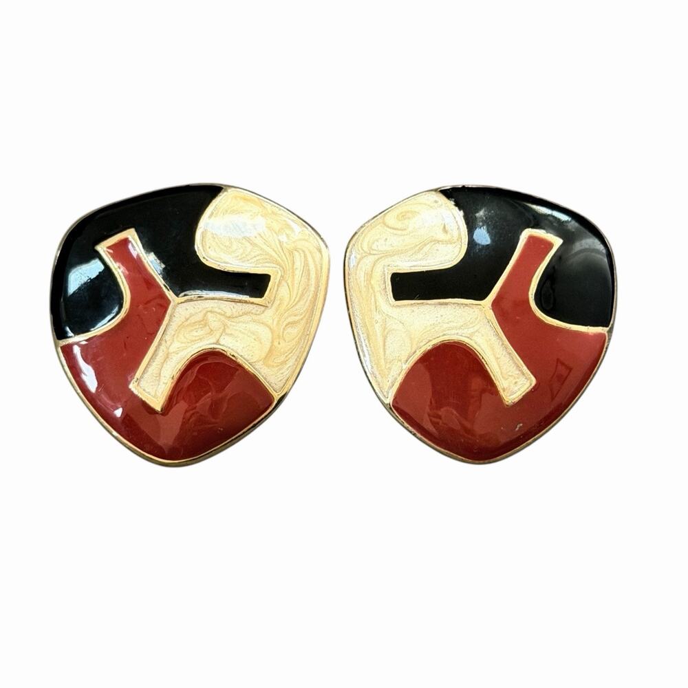 Monet Haberdashery Gold Tone Enamel Swirl Red Black Cream Clip On Earrings 80s